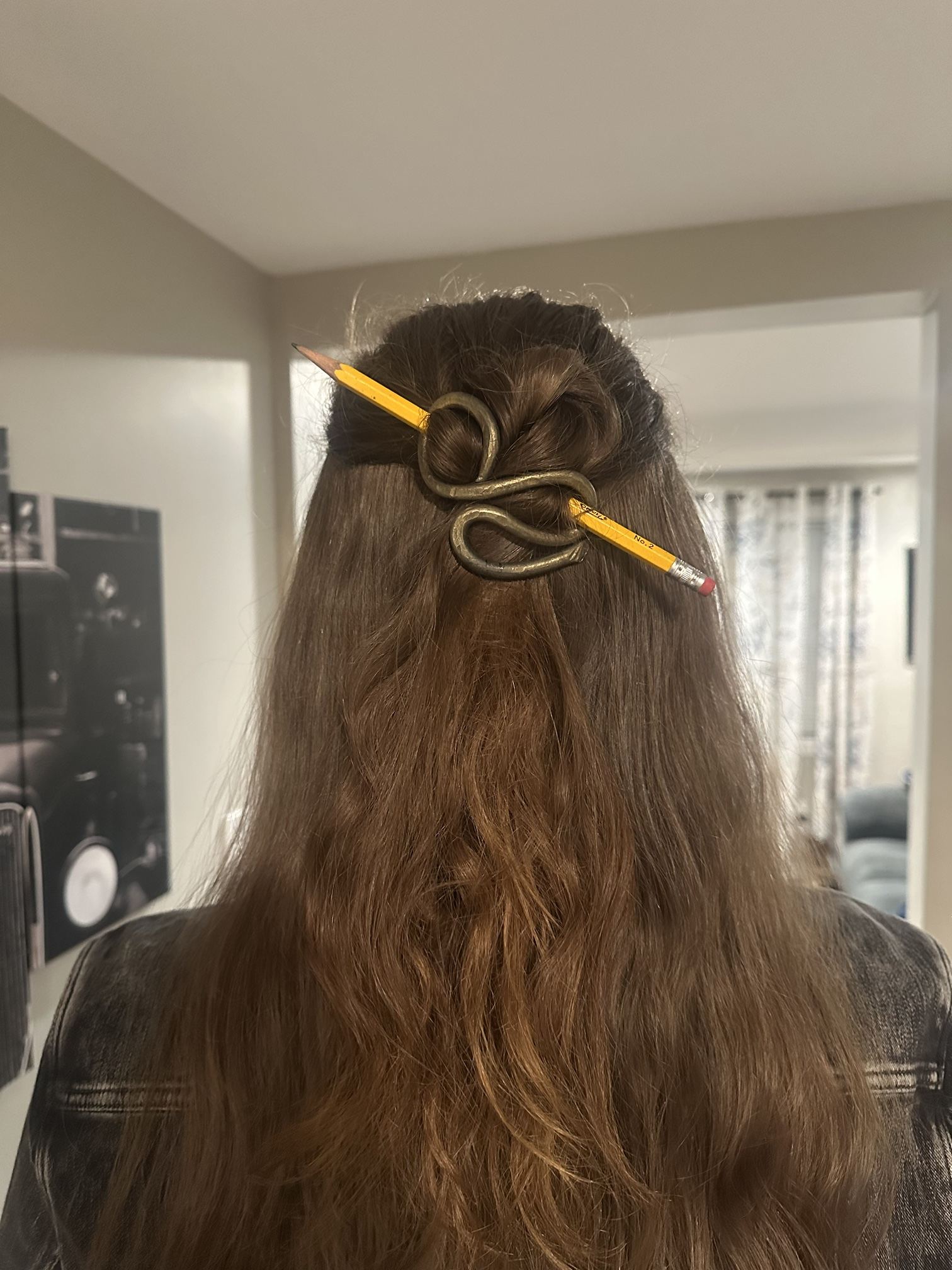 A forged hair slide held in place with a pencil.